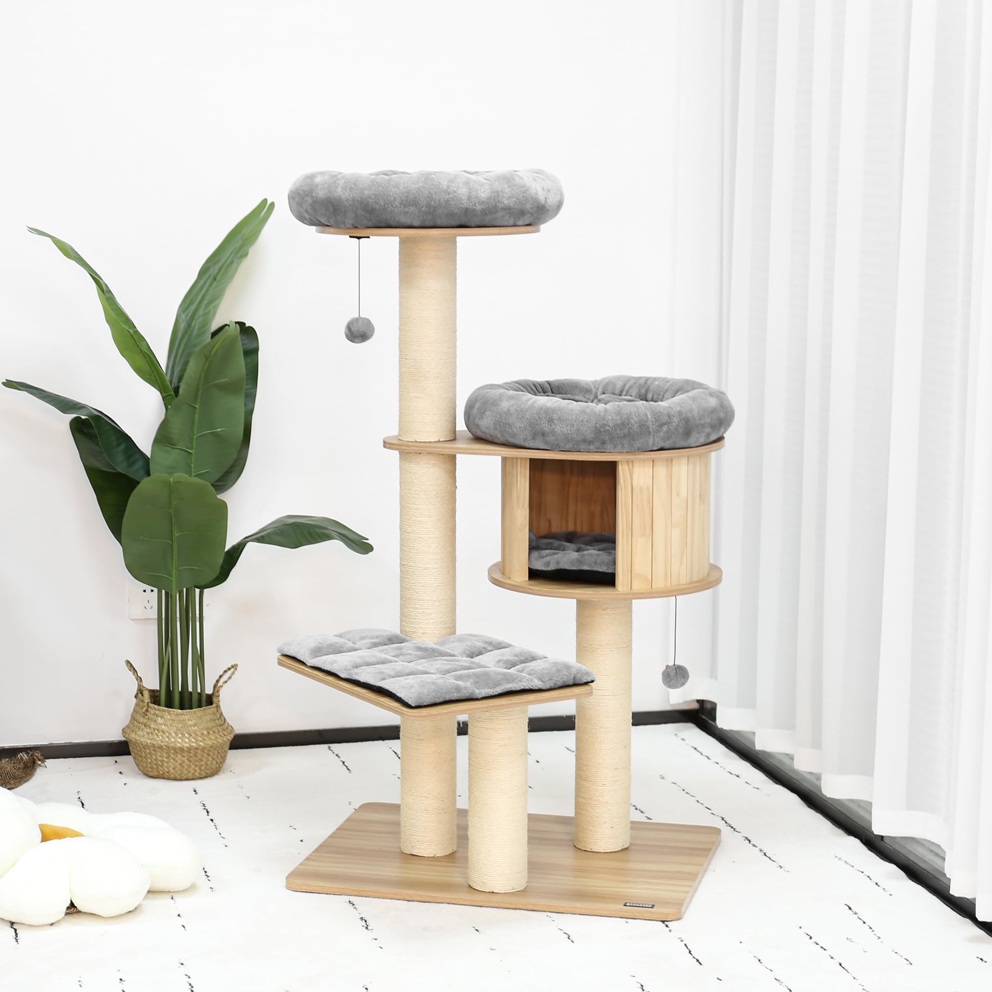 KAMABOKO58.6" Modern Cat Tree, Wood Cat Tree w/ 4.7" Large Dia Sisal Scratching Posts, Heavy-Duty Cat Trees for Large Cats with Condo, Cushions for Cats Climb Scratch Play Rest