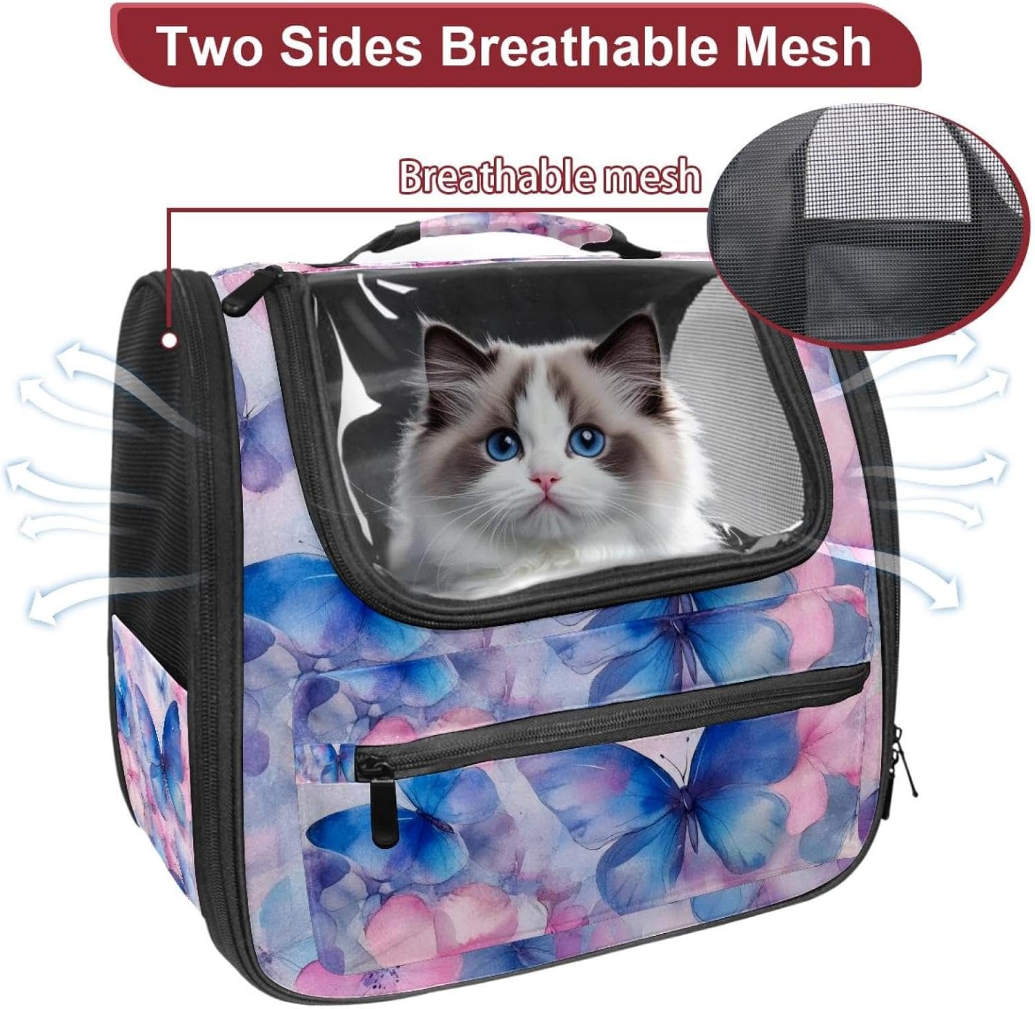 Cat Backpack Carrier for Small Dogs Cats, Soft-Sided Pet Carrier Backpack with Ventilated Mesh Windows and Safety Leash, Pink and Blue Butterflies and Flowers