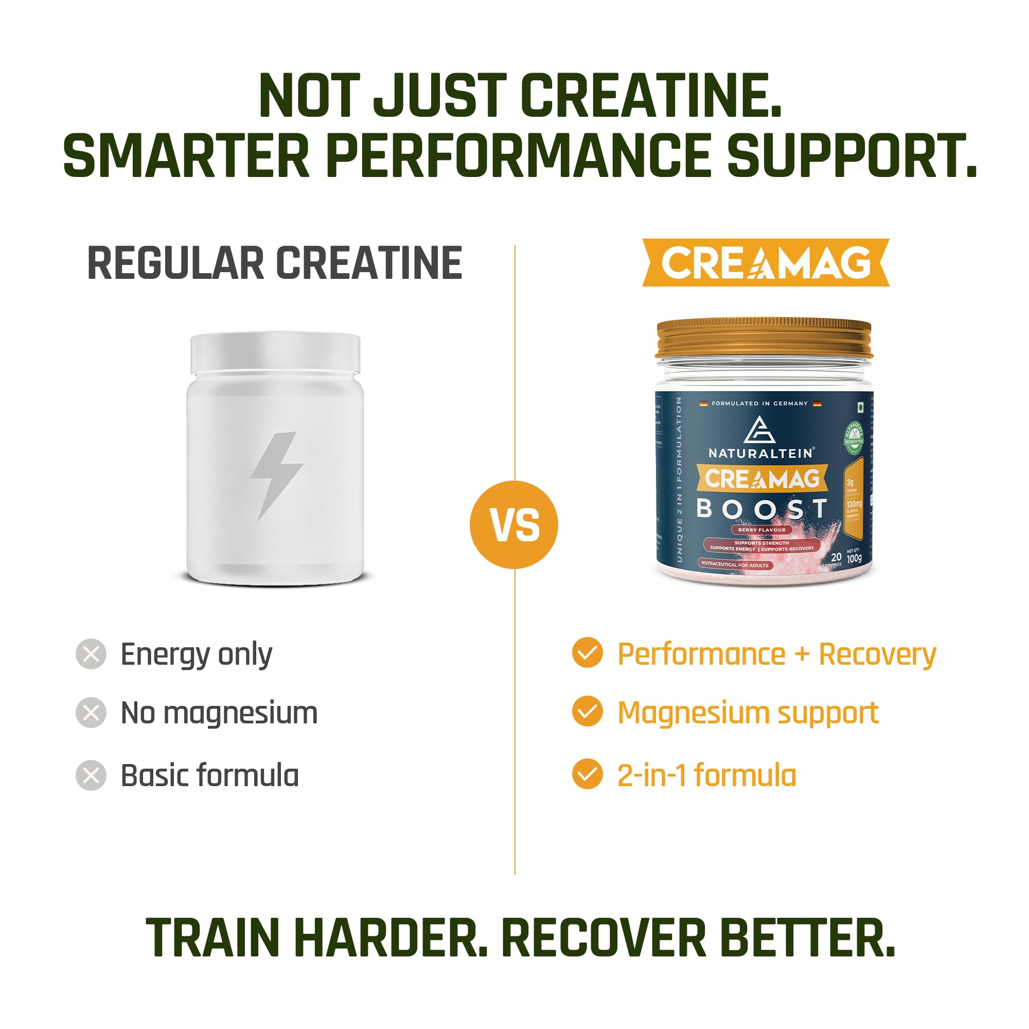Naturaltein Creamag Boost Creatine 3g + Magnesium Bisglycinate 130mg Supplement Powder, Berry Flavour, Supports Strength, Energy & Recovery, 100g (20 Servings) — Amazon image 5
