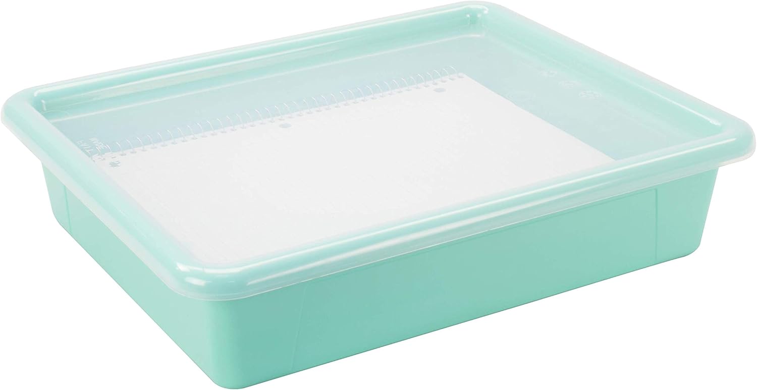 Storex Letter Size Flat Storage Tray – Organizer Bin with Non-Snap Lid for Classroom, Office and Home, Teal, 5-Pack (62541U05C)
