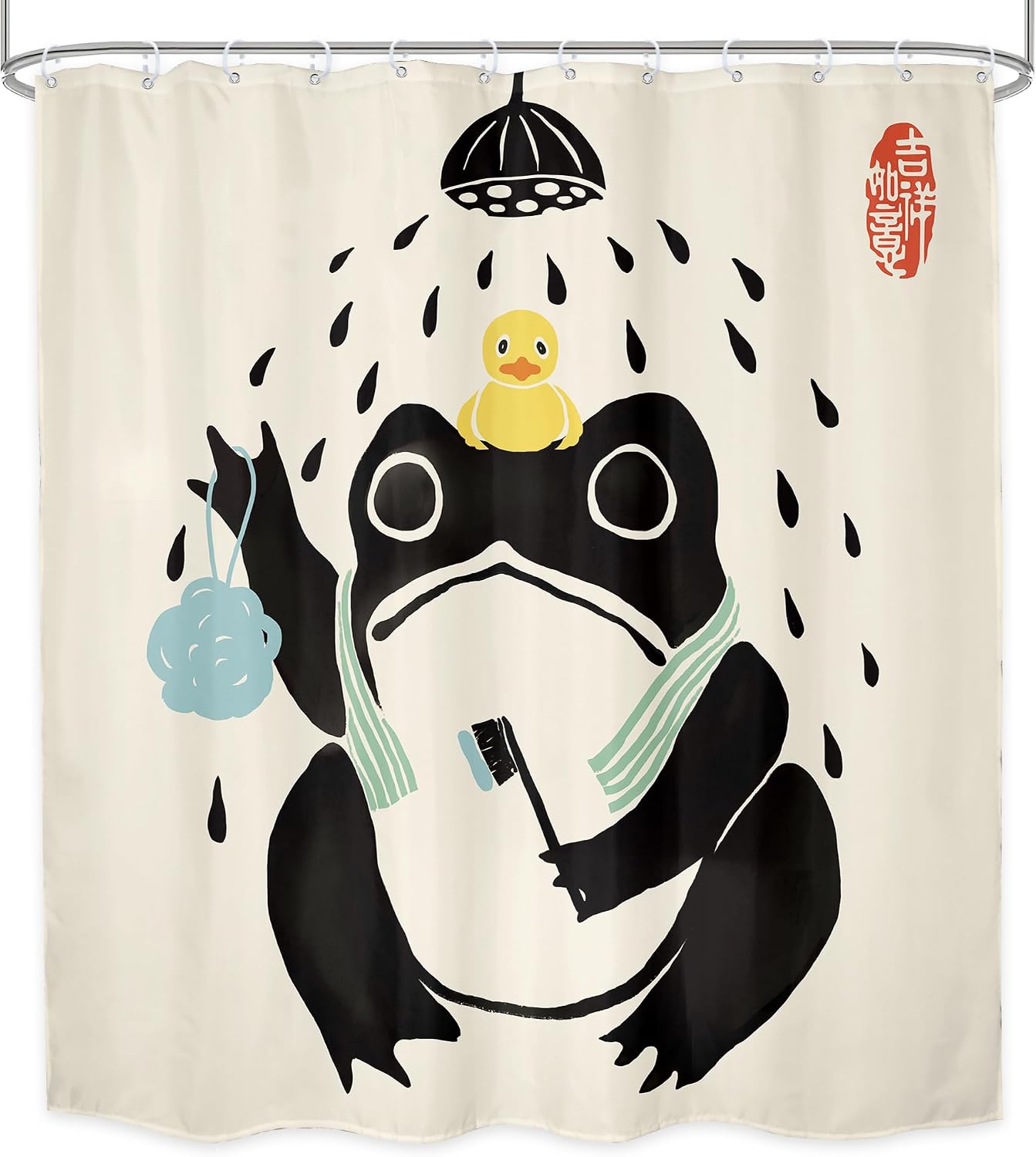 LGhtyro Funny Frog Shower Curtain Bathroom Set 71Wx84H Inches Asian Traditional Japanese Extra Long Rubber Duck Retro Black Beige Bath Accessories Cute Animal Art Home Decor Fabric 12 Pack Hooks