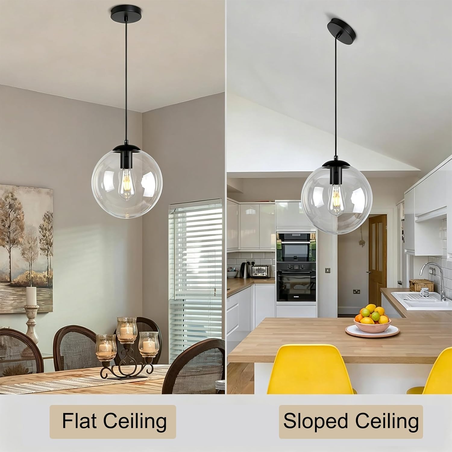 Modern Globe Pendant Light, 10" Mid Century Chandelier, Black Hanging Lights Fixtures with Clear Glass for Kitchen Island Dining Room Bedroom Hallway Foyer, Adjustable Height