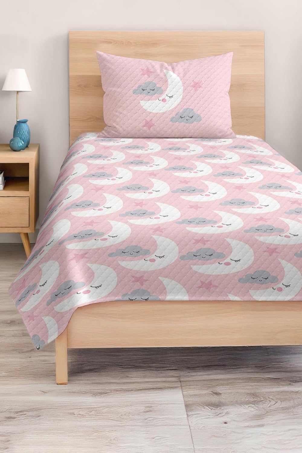 SODEF Bedding Set Pink Moon and Cloud Pattern Kids and Teens Room Quilt Set Bedspread, Fade Resistant, Cotton Polyester Blend, 2 Piece - Multicolor, One Size
