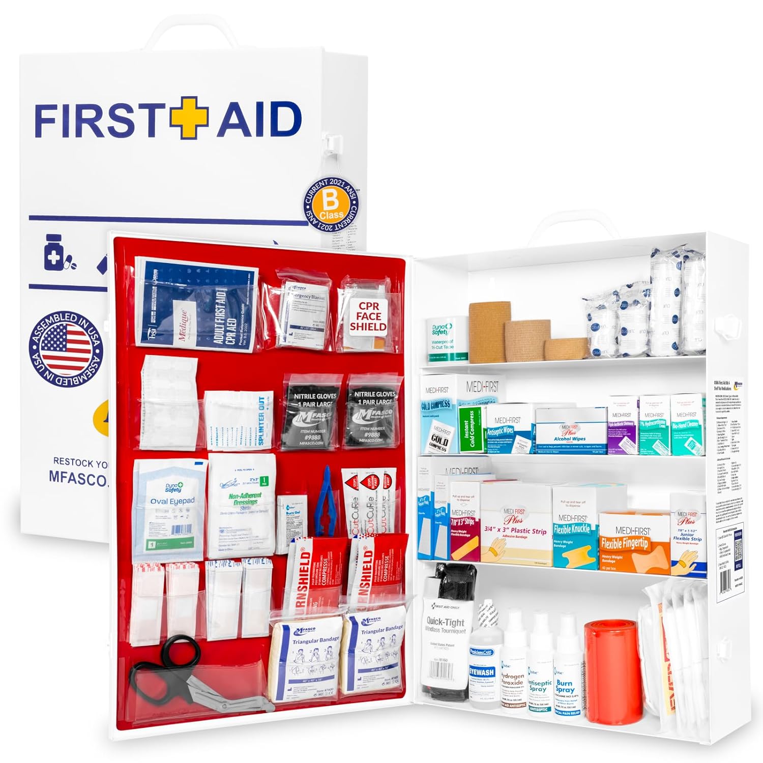 MFASCO 4 Shelf Commercial First Aid Kit Type I II 2021 OSHA Approved ANSI Z308 1-2021 Compliant 528