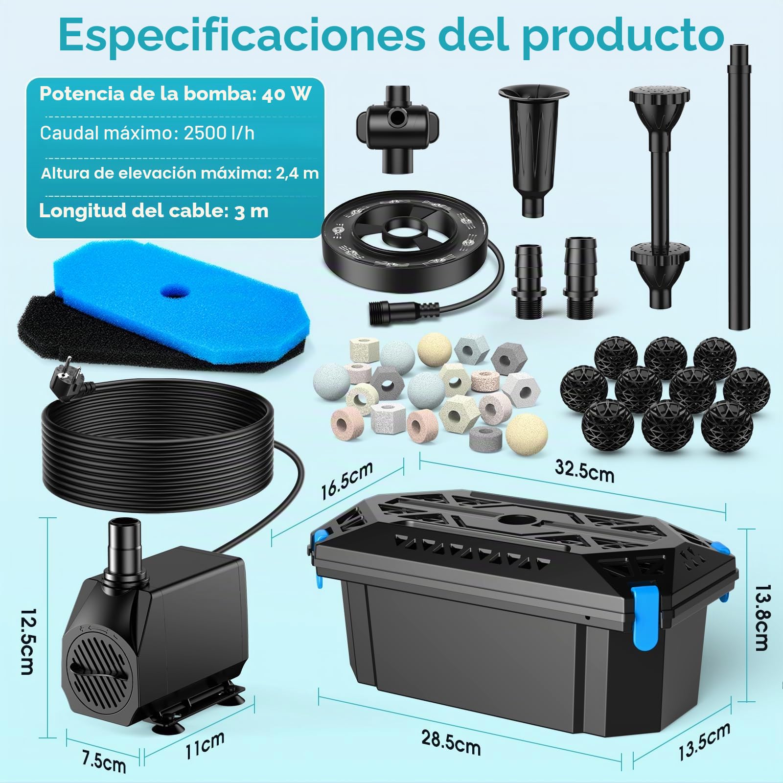 POPOSOAP Conjunto de Fuente RGB para Estanque y Filtro, Bomba de Filtro 2500L/H con Luces LED RGB de Ciclo Automático, Caudal Ajustable, Elemento de Agua Exterior para Jardín (Eléctrico con Cable)