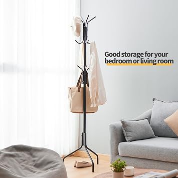 Coat Rack Freestanding,hat and coat rack stand for entryway,Living Room,Bedroom,Metal coat tree with12 Hooks and 3 Legs (Black)