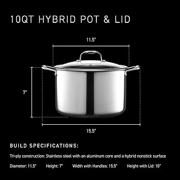 HexClad 10QT Hybrid Nonstick Braiser Stock Pot with Lid, Induction Ready