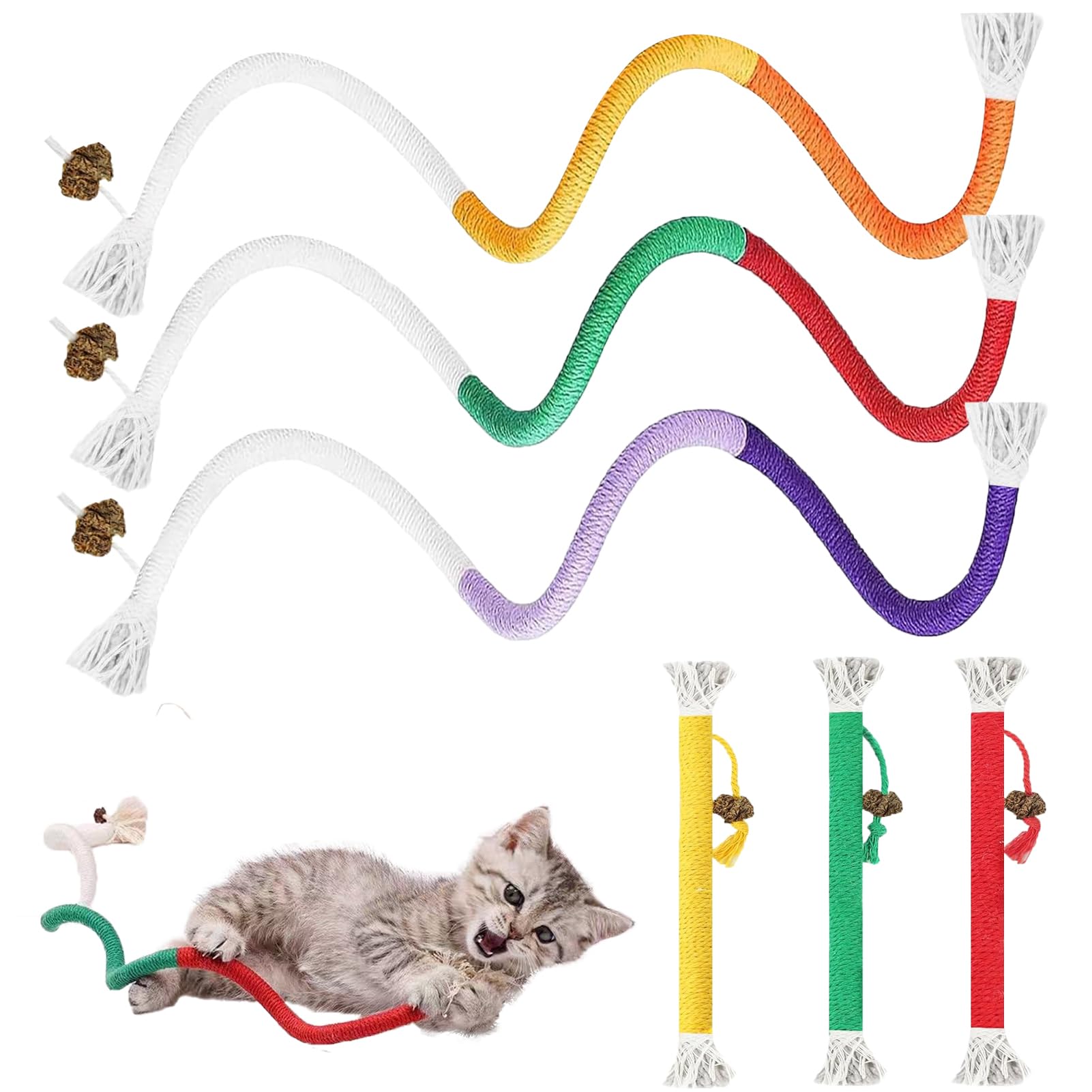 X-YSUNEAS 6 Pack Cat Chew Rope Toy for Cats and Kittens, Natural Catnip Chew Rope Teething Toy for Teeth Cleaning and Stress Release