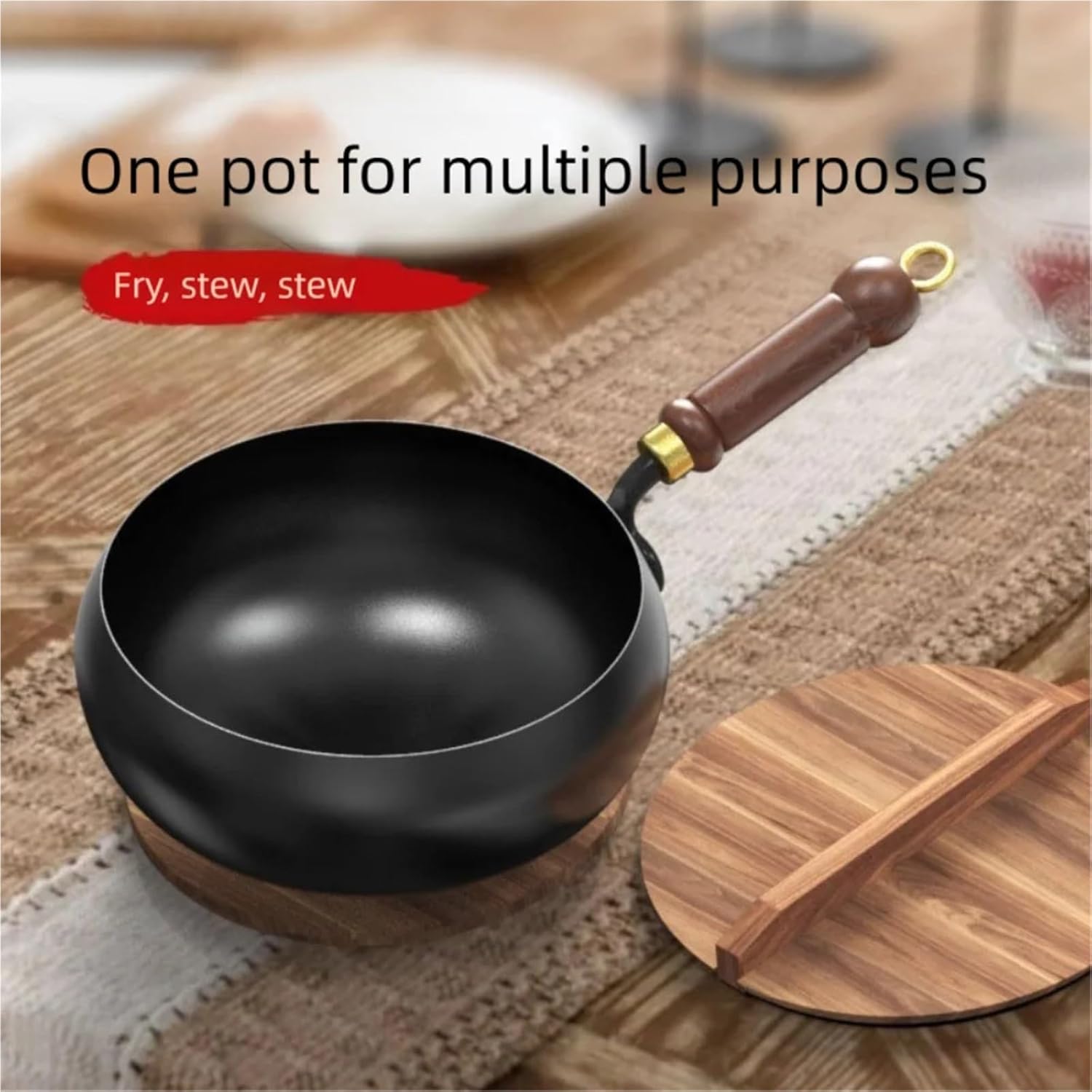 Uncoated Iron Pan Hand Forging Cast Iron Pot with Wooden Lid Uncoated Big Belly Skillet NonStick for Induction Cooker Gas(Diameter 28cm)