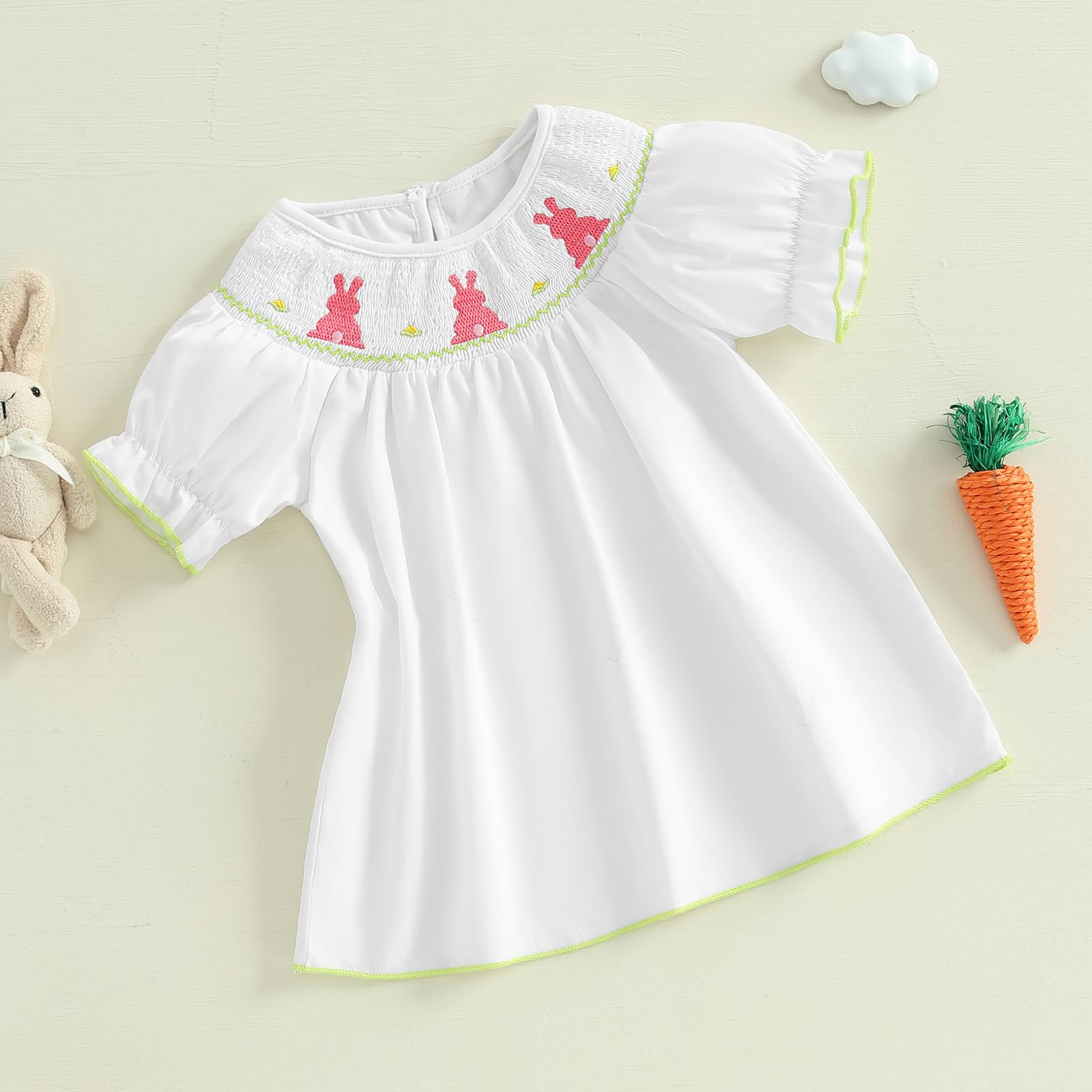 AHUGHAUE Toddler Girl Easter Smocked Dress Puff Short Sleeve Bunny Embroidery Dresses Cute Summer Smocked Outfit (White, 0-3 Months)
