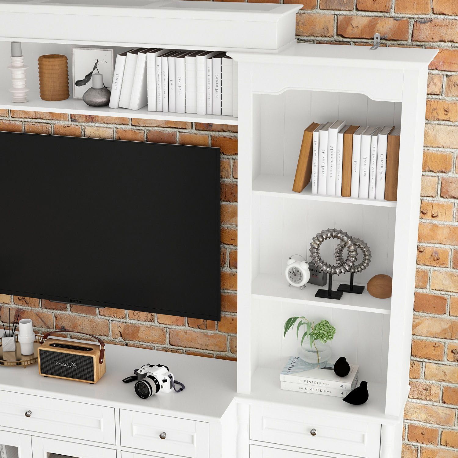 FAMAPY Large Entertainment Center with Bookshelves, Media Center with Doors and Shelves, TV Entertainment Center with Bridge, TV Hutch for Living Room White 17" D x 104.3”W x 82.3”H