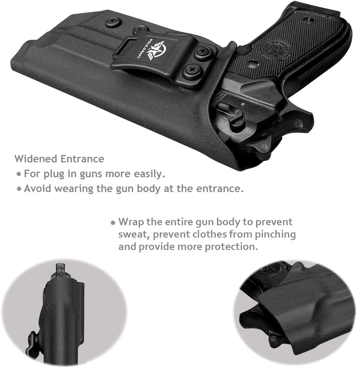 Beretta 92FS 92A1 96A1 Holster IWB / OWB Kydex Holster For Beretta 92 FS / 92 A1 / 96 A1 Pistol Accessories- Inside / Outside Waistband Concealed Carry - Adj. Width Height Retention Cant, Cover Mag-Button, Entrance Widened