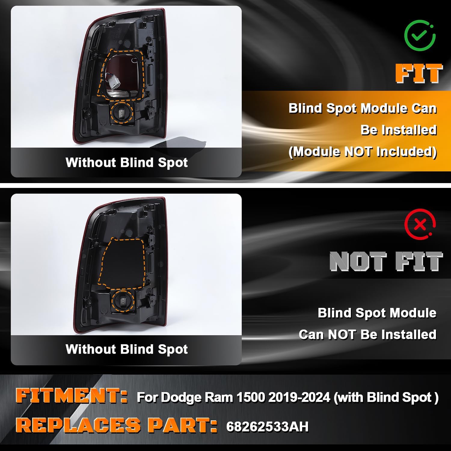 LED Tail Lights for Ram 1500 - Tail Lights Assembly with Blind Spot Compatible With Dodge Ram 1500 2019-2024 Black Right Passenger Side Replace 68262532AH