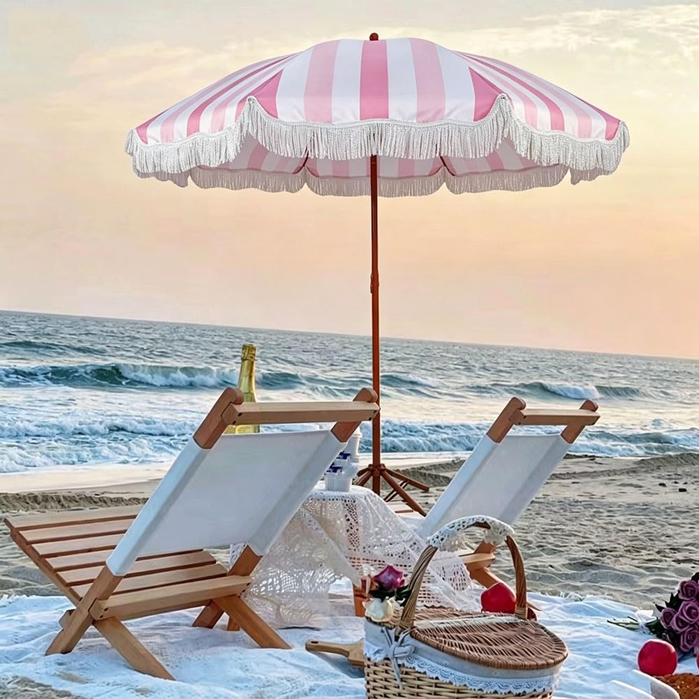 200 cm Parasol Plażowy Boho w Paski z Frędzlami, Przenośny Parasol Ogrodowy z Nachylenia o 45° UPF 50+ do na Basen, Kemping i Pikniki