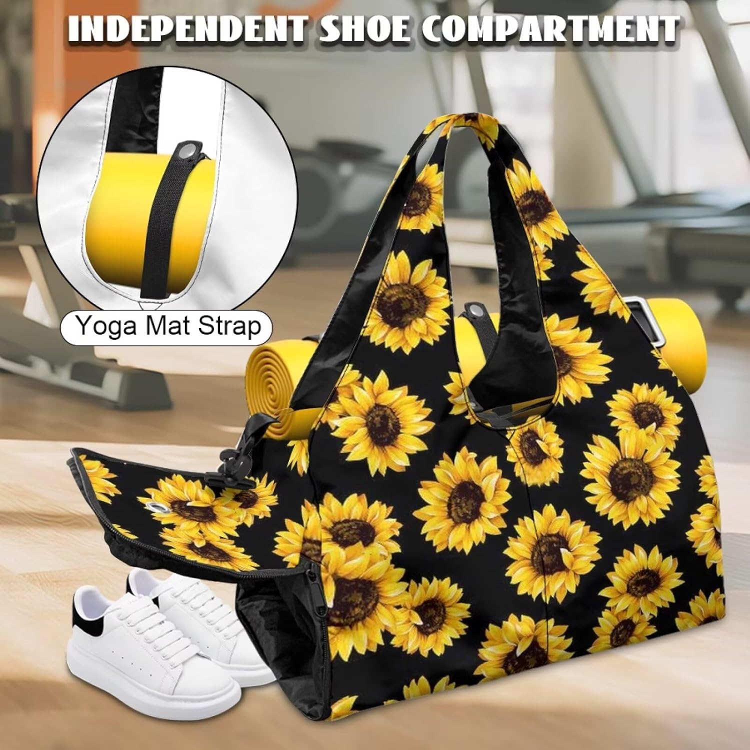 Sunflower Gym Bag for Women Hygienic Yoga Mat Bags with Shoe Compartment Sports Duffel Bags Waterproof, Double Zipper Shoulder Bag for Ballet Class Sport