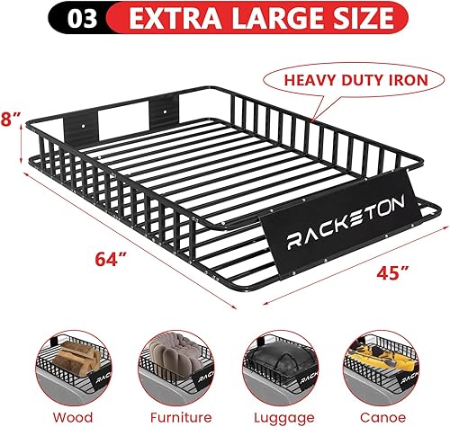 Miniatura 9 de Racketon Cesta de techo grande de 84 x 50 x 10 pulgadas, sin óxido para SUV, minivans, camión, cesta de carga resistente de 400 libras