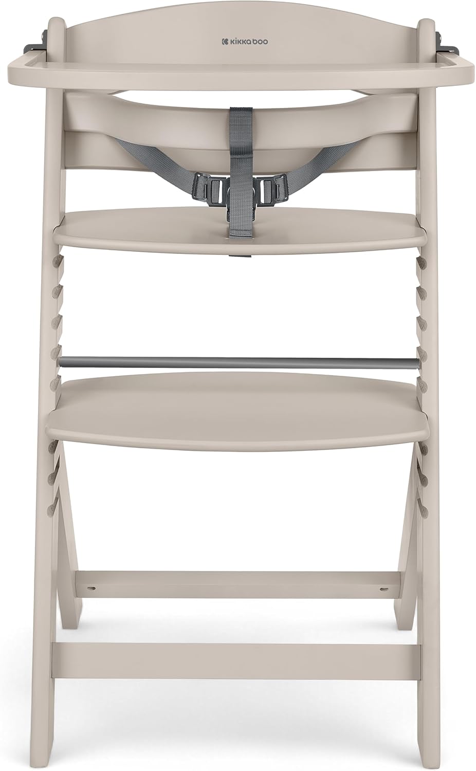 Depan view of the KikkaBoo NORDY high chair showing the 3-point safety harness and removable tray.