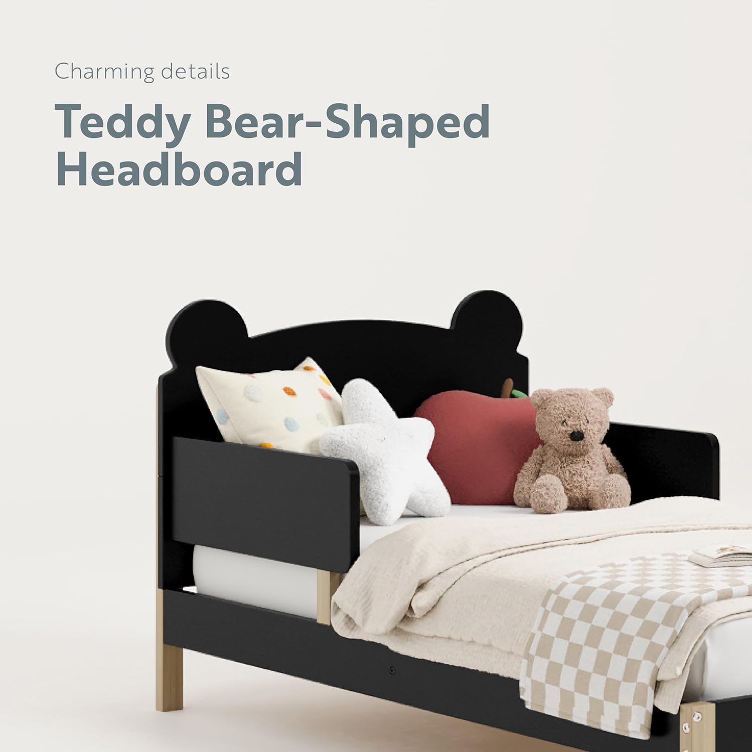 Storkcraft Teddy Bear Toddler Bed (Black with Driftwood) - GREENGUARD Gold Certified, Includes Toddler Safety Guardrails, Fits Standard Crib & Toddler Mattress, Stylish 2-Tone Design