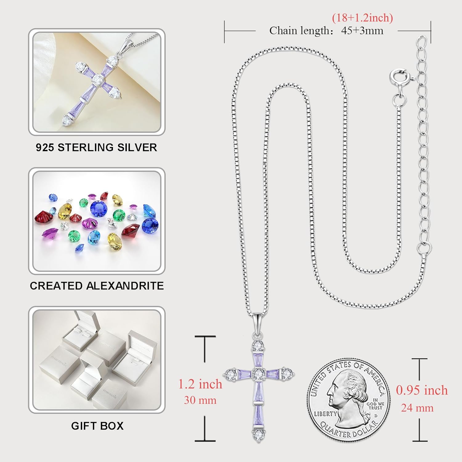 STARCHENIE Cross Necklace for Women 925 Sterling Silver Gemstone Crucifix Pendant Birthstone Jewelry - Image 6