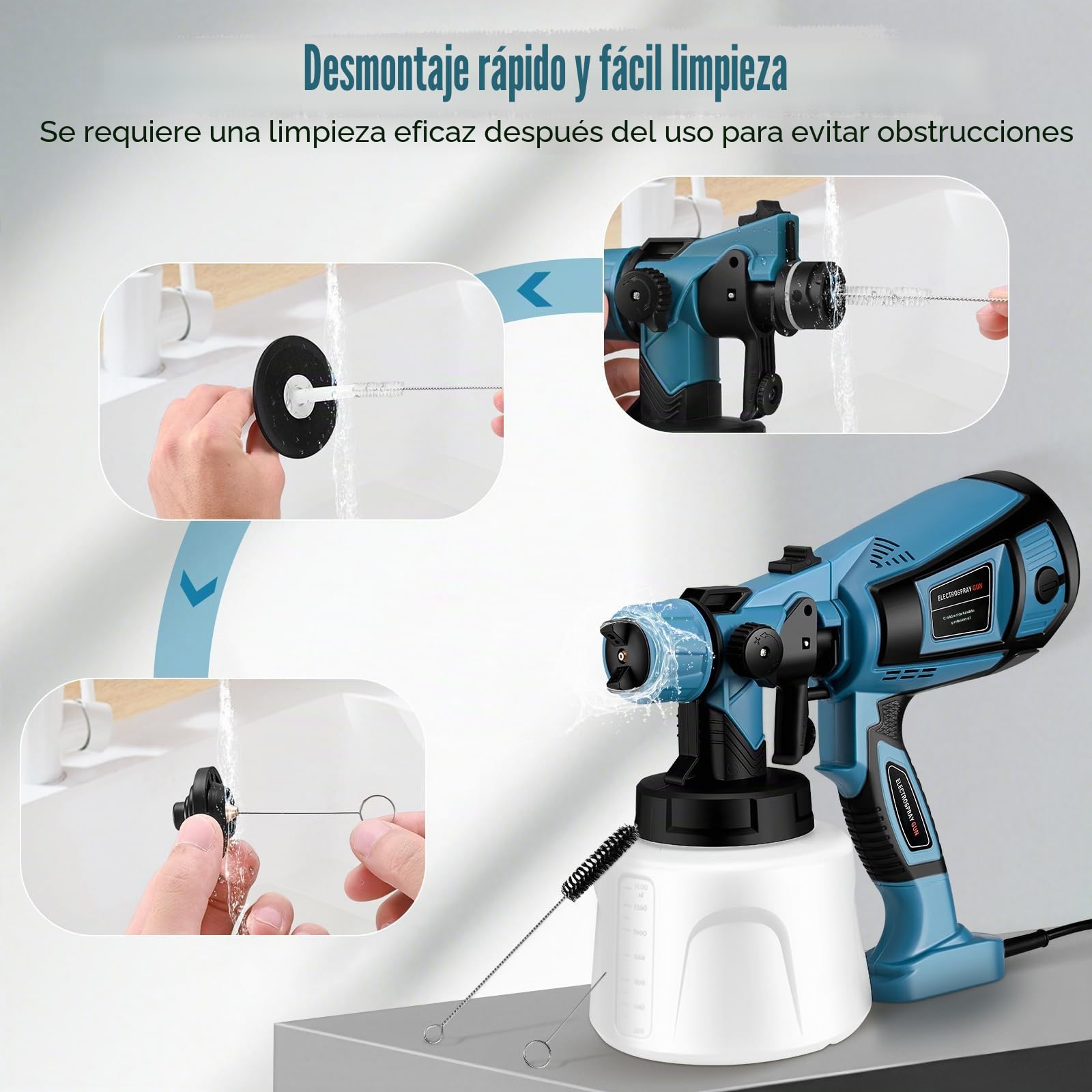 Pistola de Pintura,800W HVLP Pulverizador de Pintura Eléctrico con Recipiente de 1400ml, Flujo Máximo de 1000ml/min,5 Boquillas para la Pulverización y Limpieza del Bricolaje(Azul)