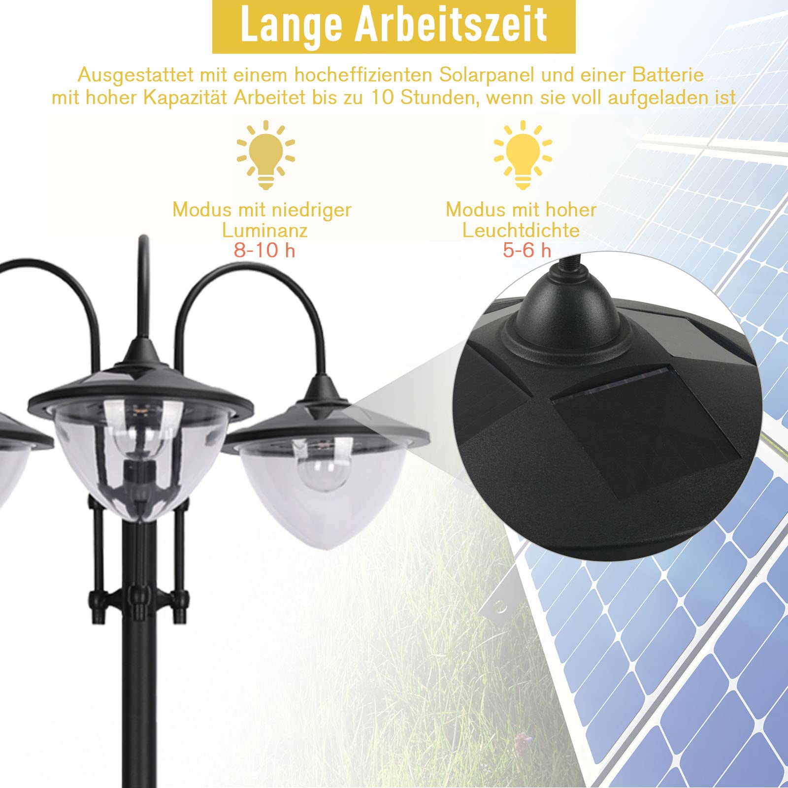 Outsunny Solar Laterne Stehleuchte Metall 189 cm IP44 Wasserdicht mit Blumentopf-Basis Schwarz
