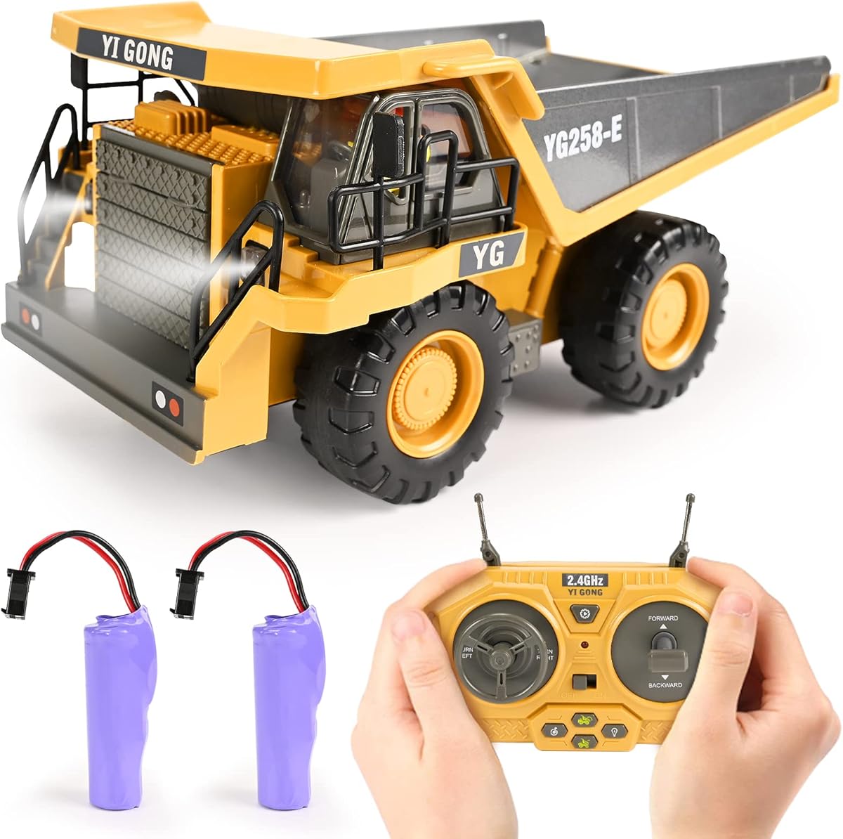 Remote Control Dump Truck Toys 9 Channel 2 Batteries RC Construction Toy Vehicles with Metal Bed Lights/Sounds, Birthday Gifts for Boys Age 3+