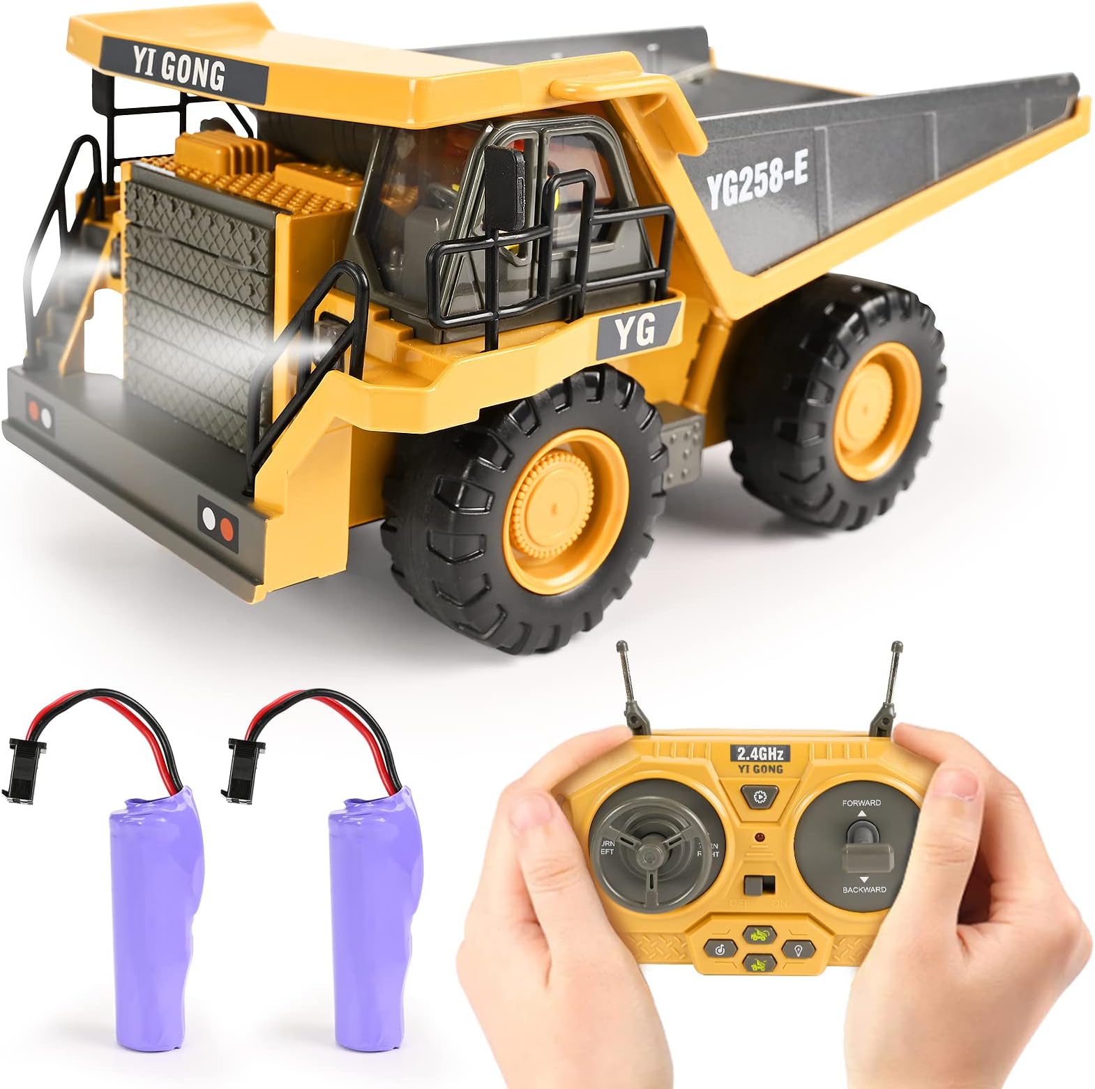 KidsFaves Remote Control Dump Truck Toys 9 Channel 2 Batteries RC Construction Toy Vehicles with Metal Bed Lights/Sounds, Birthday Gifts for Boys Age 3+