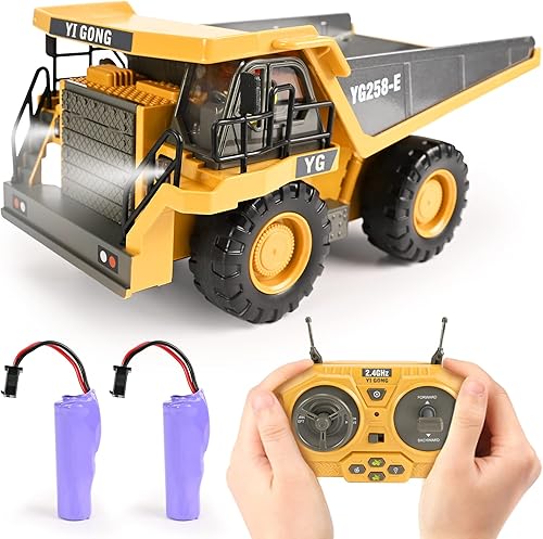 KidsFaves Camión volquete con control remoto, 9 canales, 2 baterías, vehículos de juguete de construcción RC con luces y sonidos de metal, regalos
