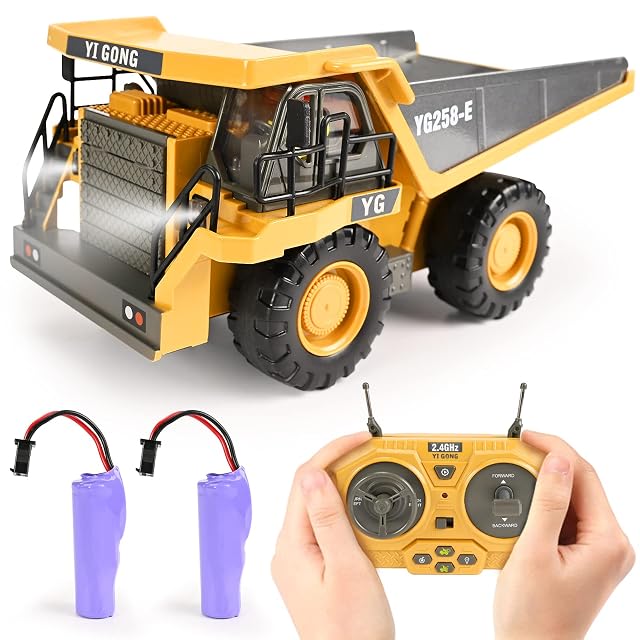 KidsFaves Remote Control Dump Truck Toys 9 Channel 2 Batteries RC Construction Toy Vehicles with Metal Bed Lights