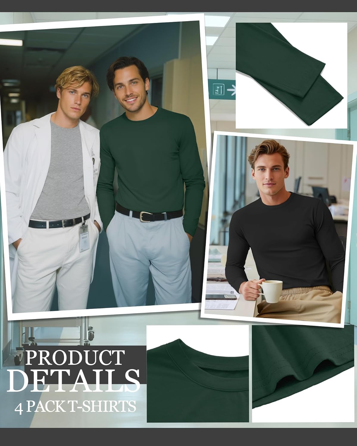 4 Pack Men's Long Sleeve Underscrub Shirts Nurse Crewneck Work Tops Stretchy Laying Undershirts Basic Tee - Image 4