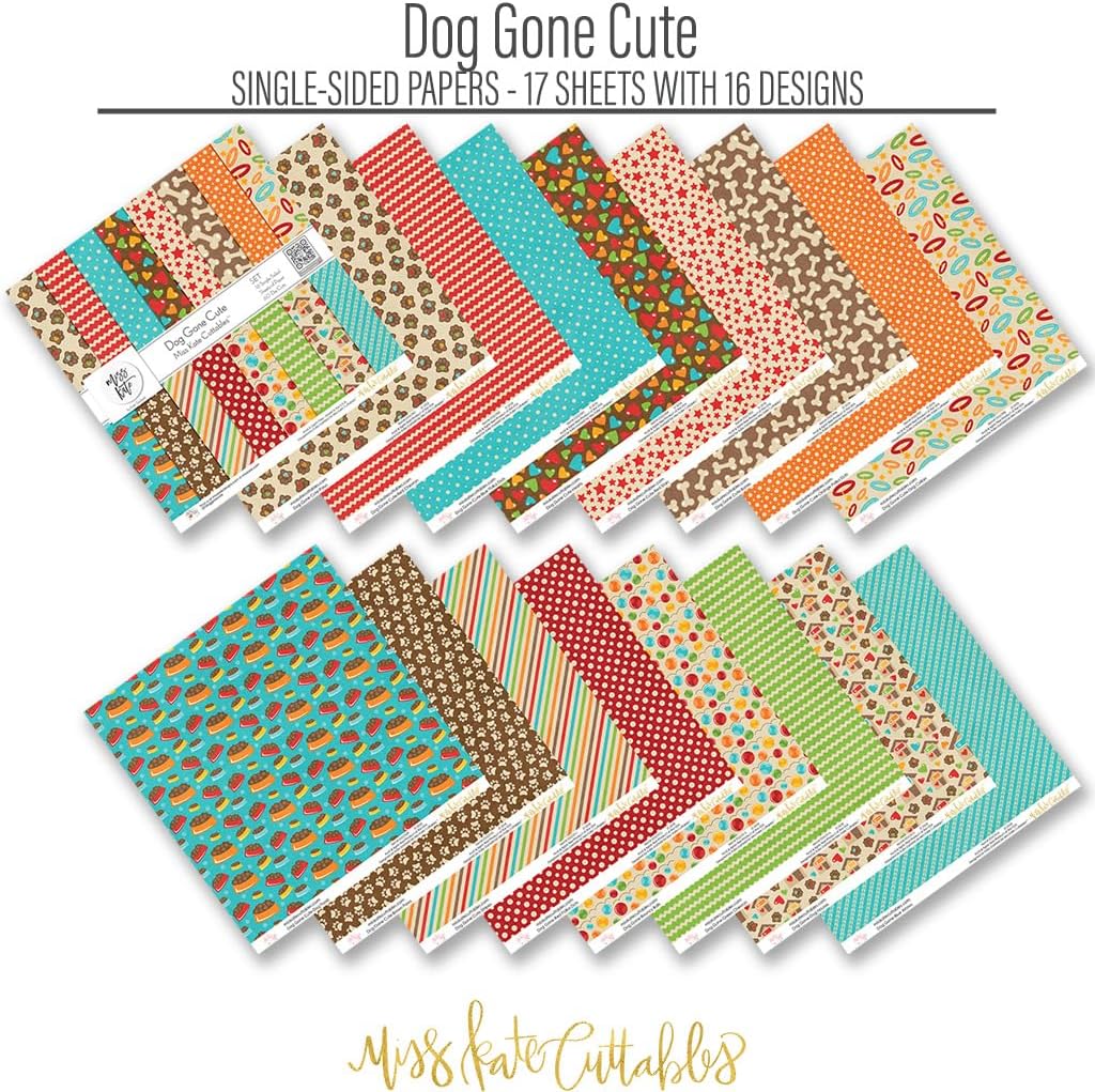 Die Cuts & Paper Set - Dog Gone Cute - By Miss Kate Cuttables - 16 Single - Sided 12"x12" Premium Specialty Paper Sheets & OVER 60 Coordinating Die Cuts