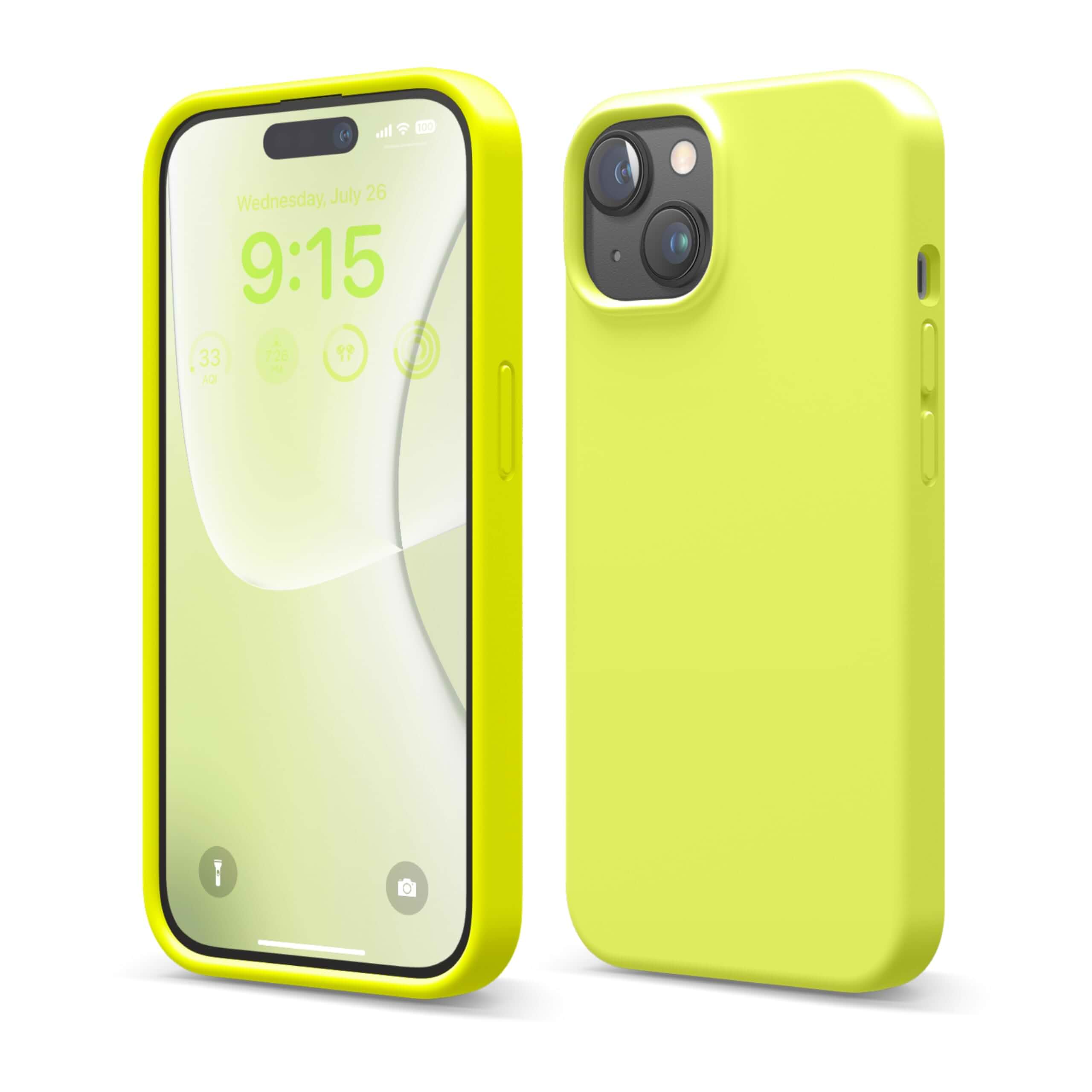elago Premium Liquid Silicone Case for iPhone 15 Neon Yellow Full Body Protective Cover, Shockproof, Slim Design, Anti-Scratch Soft Microfiber Lining (Neon Yellow)