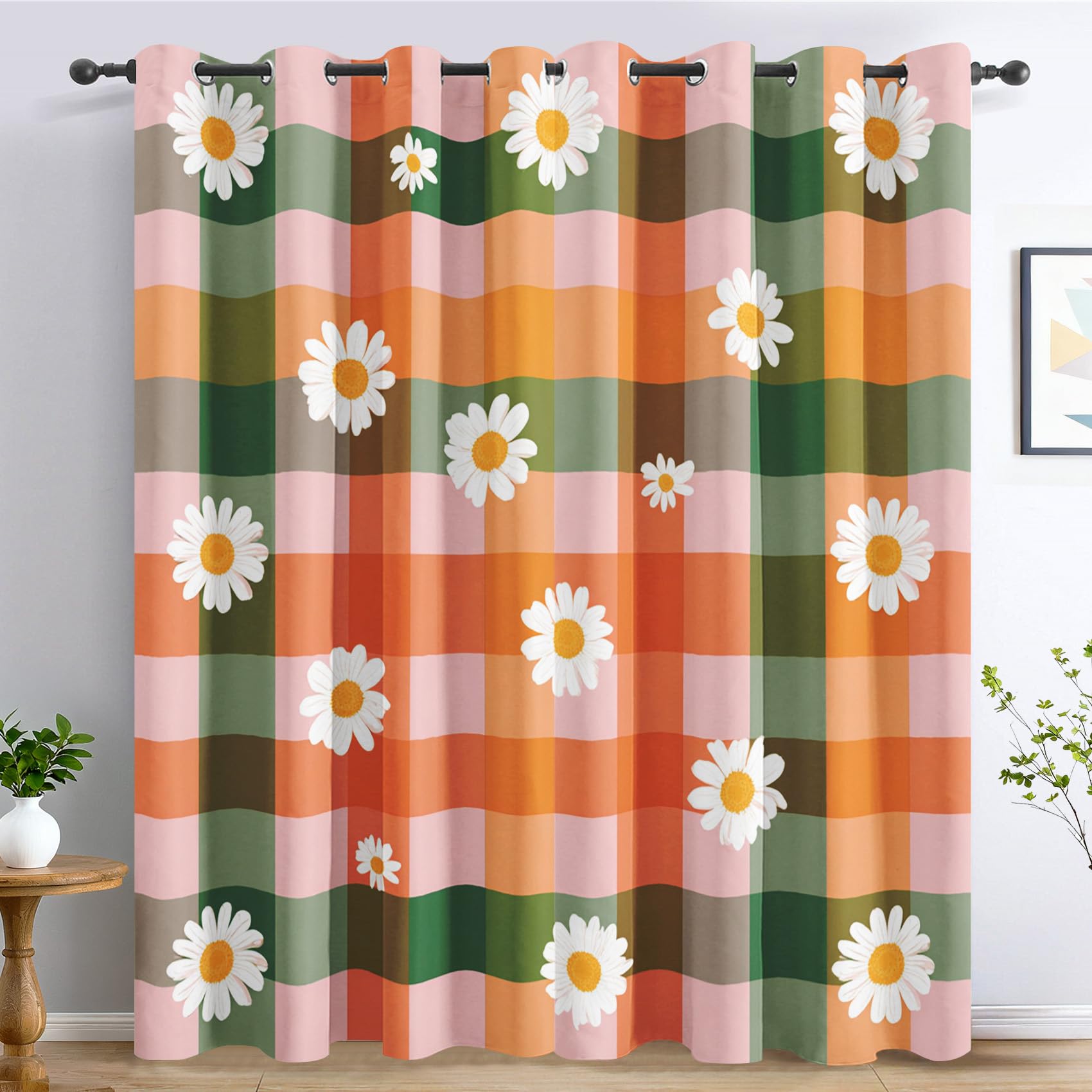 Rideaux orange rose et vert carreaux pour décoration chambre et salon cosy