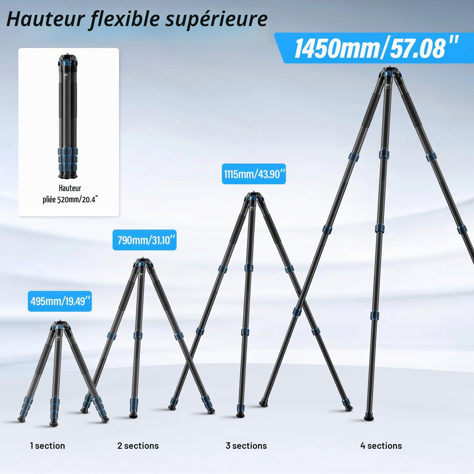 SIRUI AM-324 Trépied Professionnel pour Appareil Photo, 57'' Trépied Compact en Fibre de Carbone pour Appareil Photo, 4 Sections avec Tube de Diamètre Max. 32 mm, Charge Jusqu'à 39,8lbs/18kg