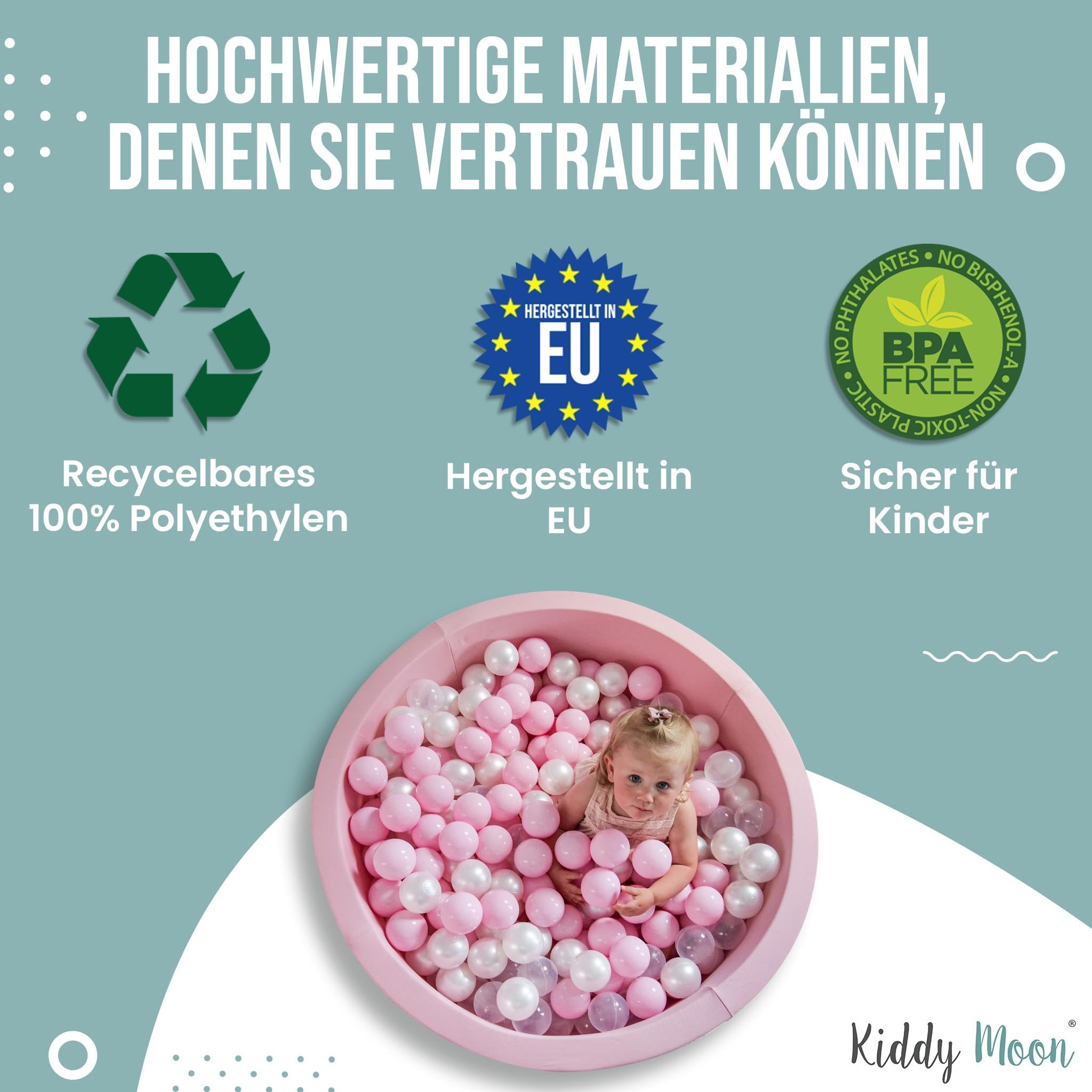 KiddyMoon 100 Bälle/7Cm Kinder Bälle Spielbälle Für Bällebad Baby Einfarbige Plastikbälle Made In EU, Pastellblau/Pastellgelb/Weiß/Minze/Rosa