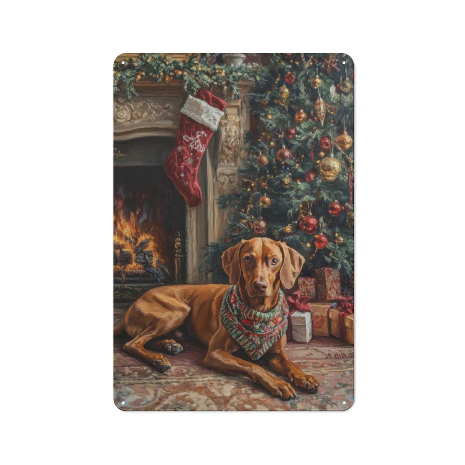 Junmoney Christmas Dog By Fireplace Painting Vizsla D Og With Stocking Rustic Tin Wall Plaque 30X20cm For Garage Or Workshop, For Home Interiors, Feature Walls And Decorative Displays