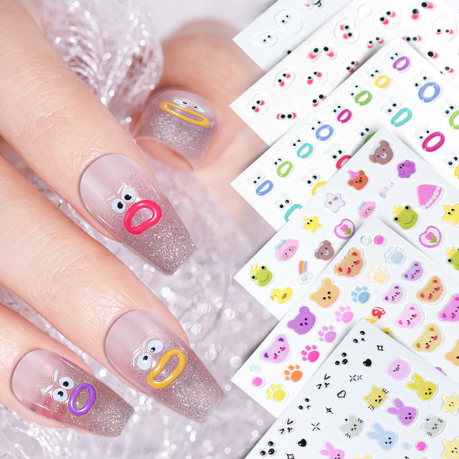 6 Sheets Expression Face Nail Stickers,Weird Mouth Nail Art Sticker,Colorful Cute Animal Monster Eyes Jelly 5D Embossed Art Nail Stickers Designs for