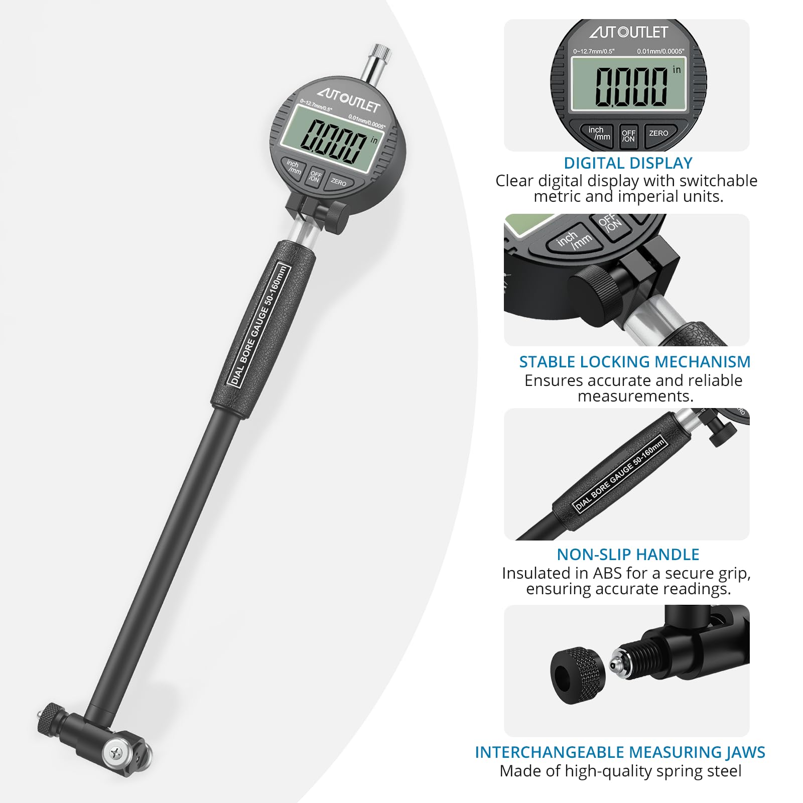 AUTOUTLET Comparateur Électronique 50-160 Mm, Comparateur Numérique 0,01 Mm Mesure À Deux Points Comprend 12 Têtes Interchangeables Pour L'ingénierie Mécanique Et L'entretien Automobile