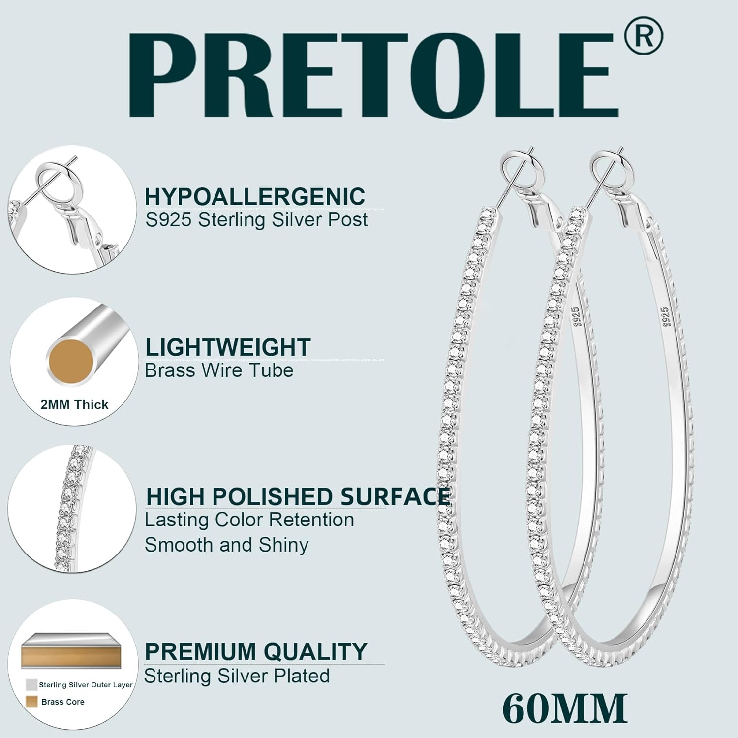 PRETOLE 925 Sterling Silver Hoop Earrings Rhinestone Large Silver Hoop Earrings Oval Big Hoops Earrings for Women Lightweight Hypoallergenic Extra Large Silver Hoops Earrings for Women (50/60/70MM) - Image 3