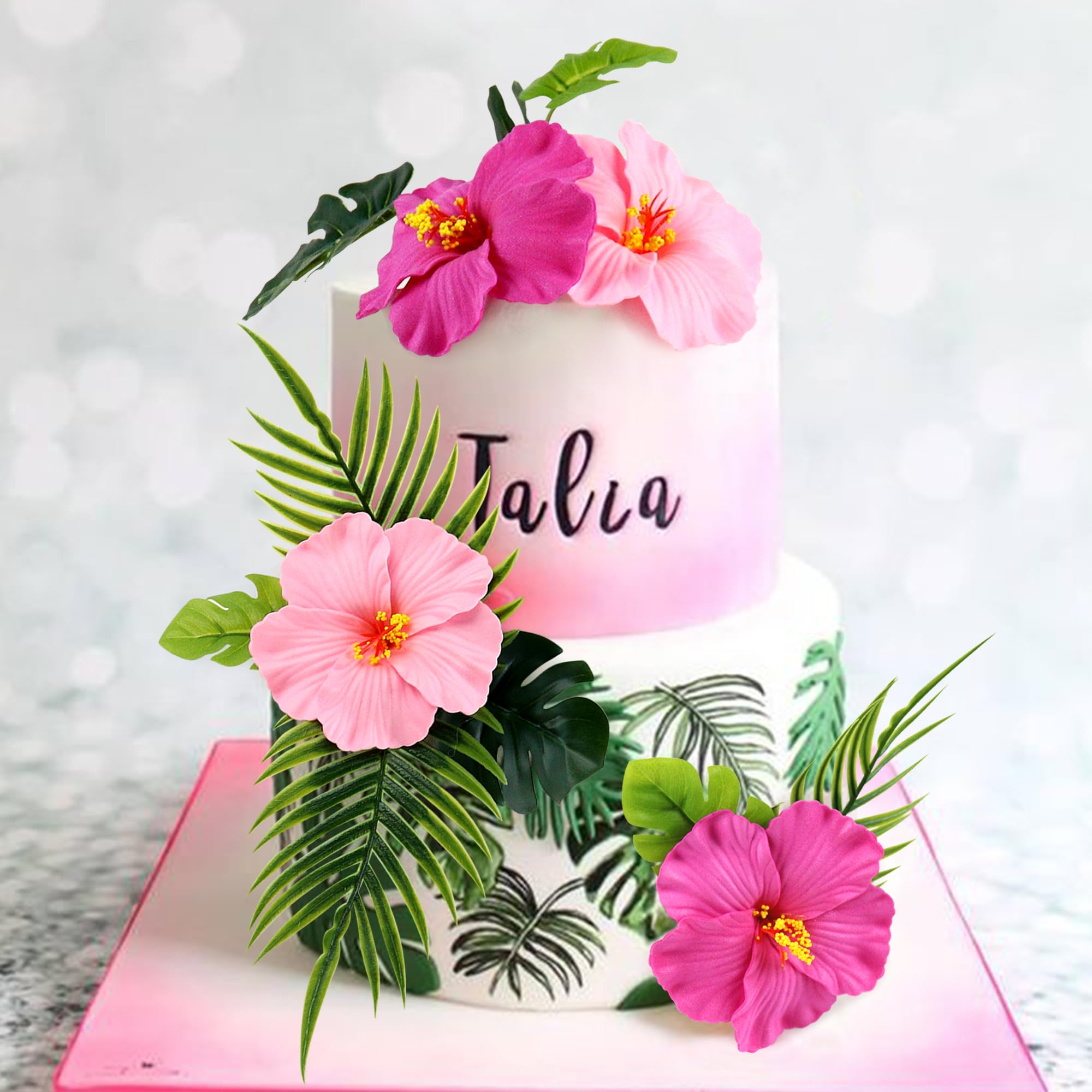 Photo 1 of 10PCS Artificial Hibiscus Flower Cake Toppers Hawaii Pink Hibiscus Cake Decors for Hawaii Theme Birthday Bridal Engagement Wedding Floral Cake Picks Summer Holiday Party Decoration