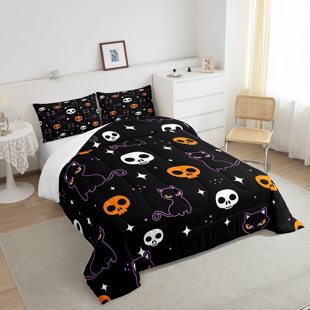 Erosebridal Gradient Black Cat Comforter Set Full Size,Halloween Skull Bedding Set for Youth Adult,Galaxy Moonight Duvet Insert Lightweight,Skeleton Quilt 3 Piece,Halloween Decorations for Home