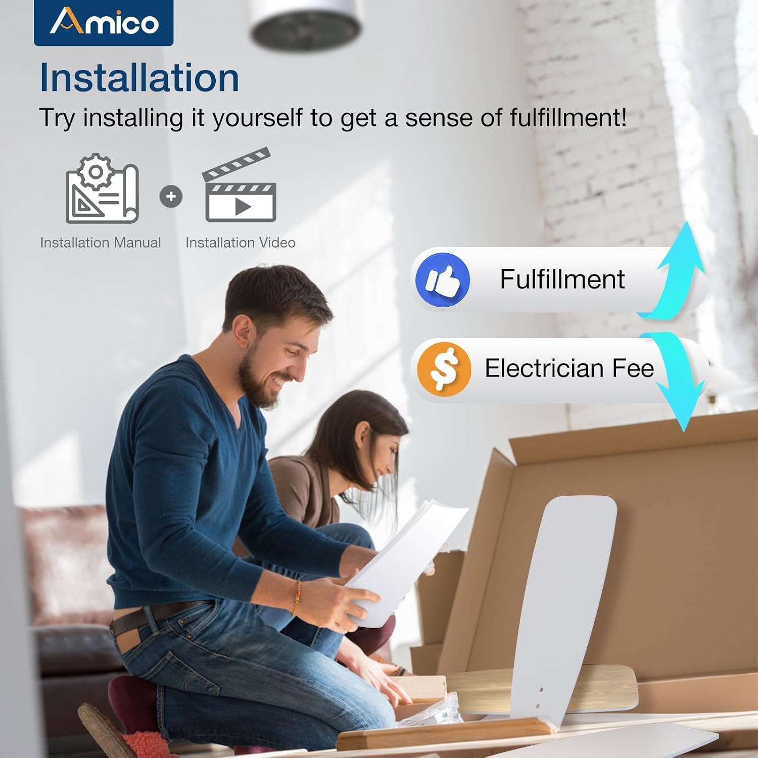Amico Ceiling Fans with Lights, 44 inch White Ceiling Fan with Light and Remote Control, Reversible, 3CCT, Dimmable, Noiseless, Small Ceiling Fan for Bedroom, Farmhouse, Indoor/Outdoor Use