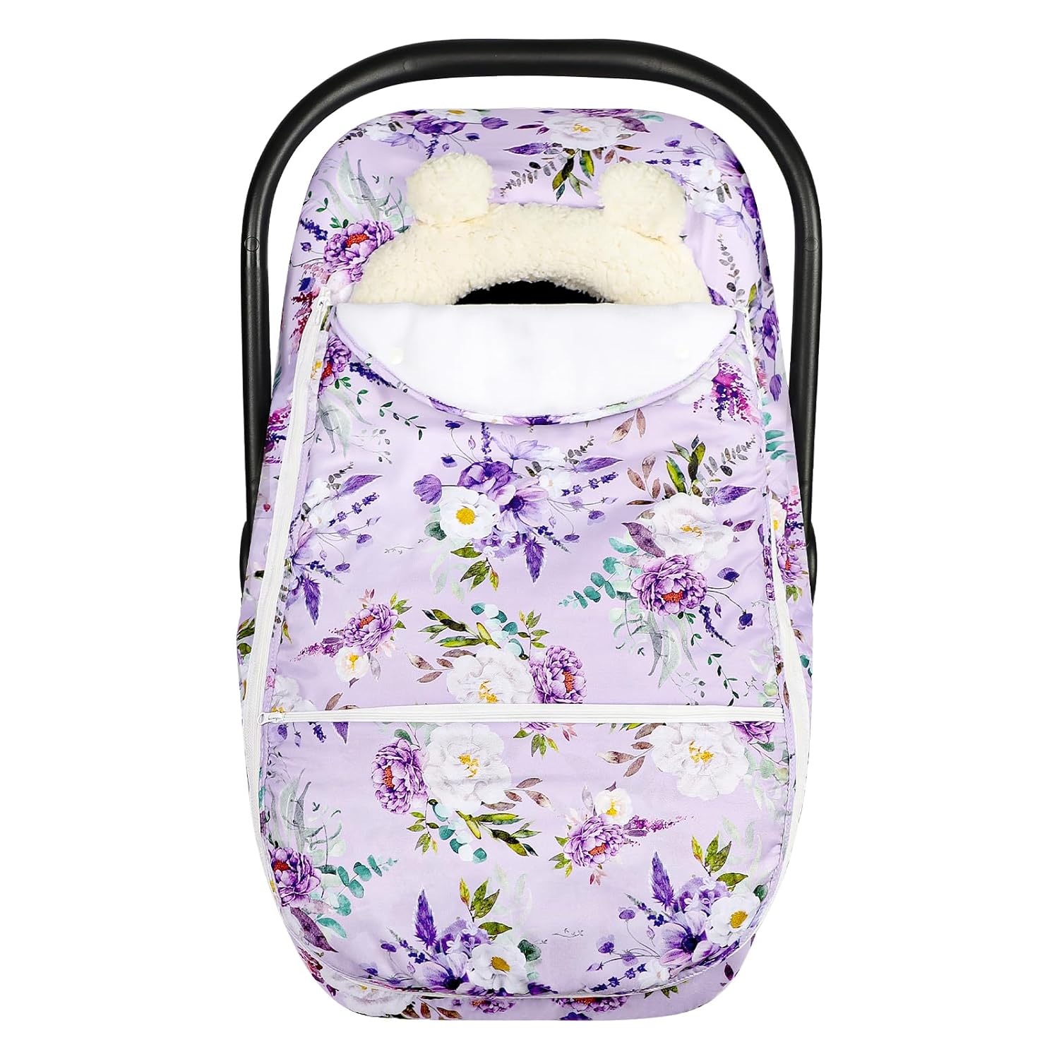 Winter Car Seat Cover Baby Girl Boy, Warm & Windproof Infant Carseat Cover Canopy Protect Baby from Cold Weather, Plush Fleece, Purple Floral