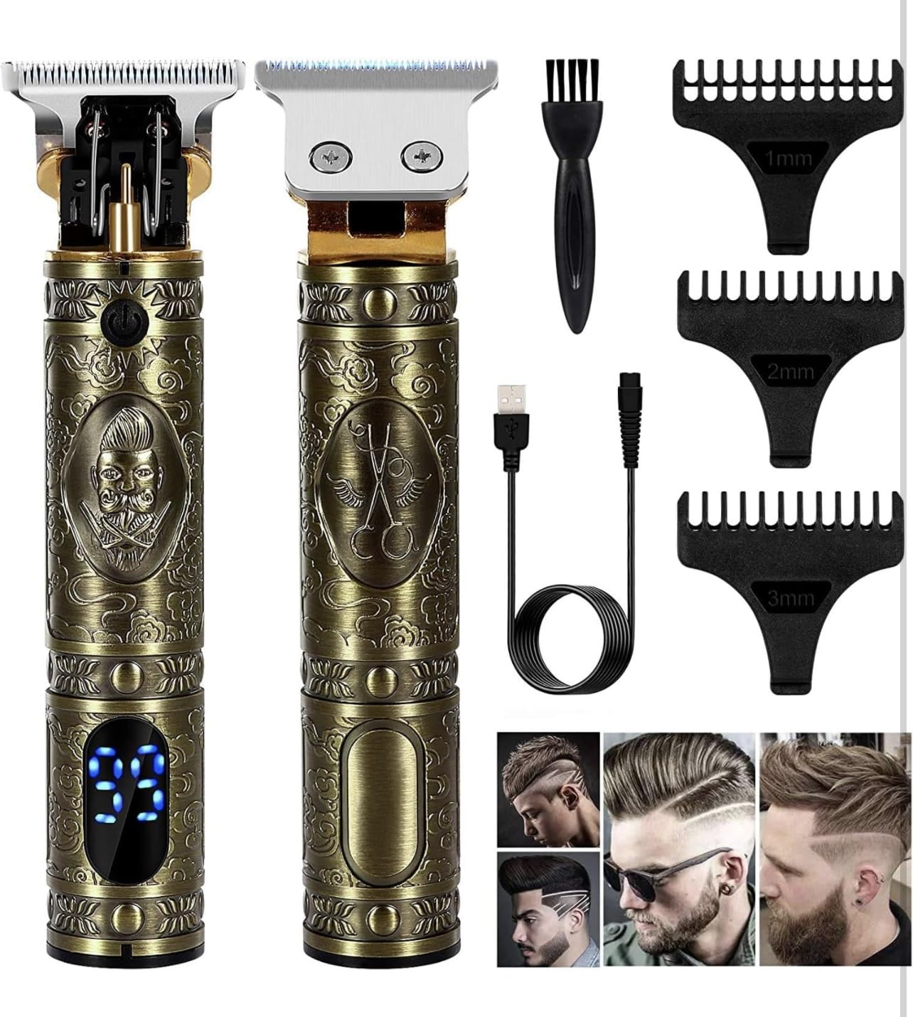 ENDZONE Professional Rechargeable cordless Hair Clipper with LED Display, Stainless steel Blades, USB Charging cable, 4 Guide Combs for men Runtime: 150 mins, 800 mAh Li-ion Battery, Gold