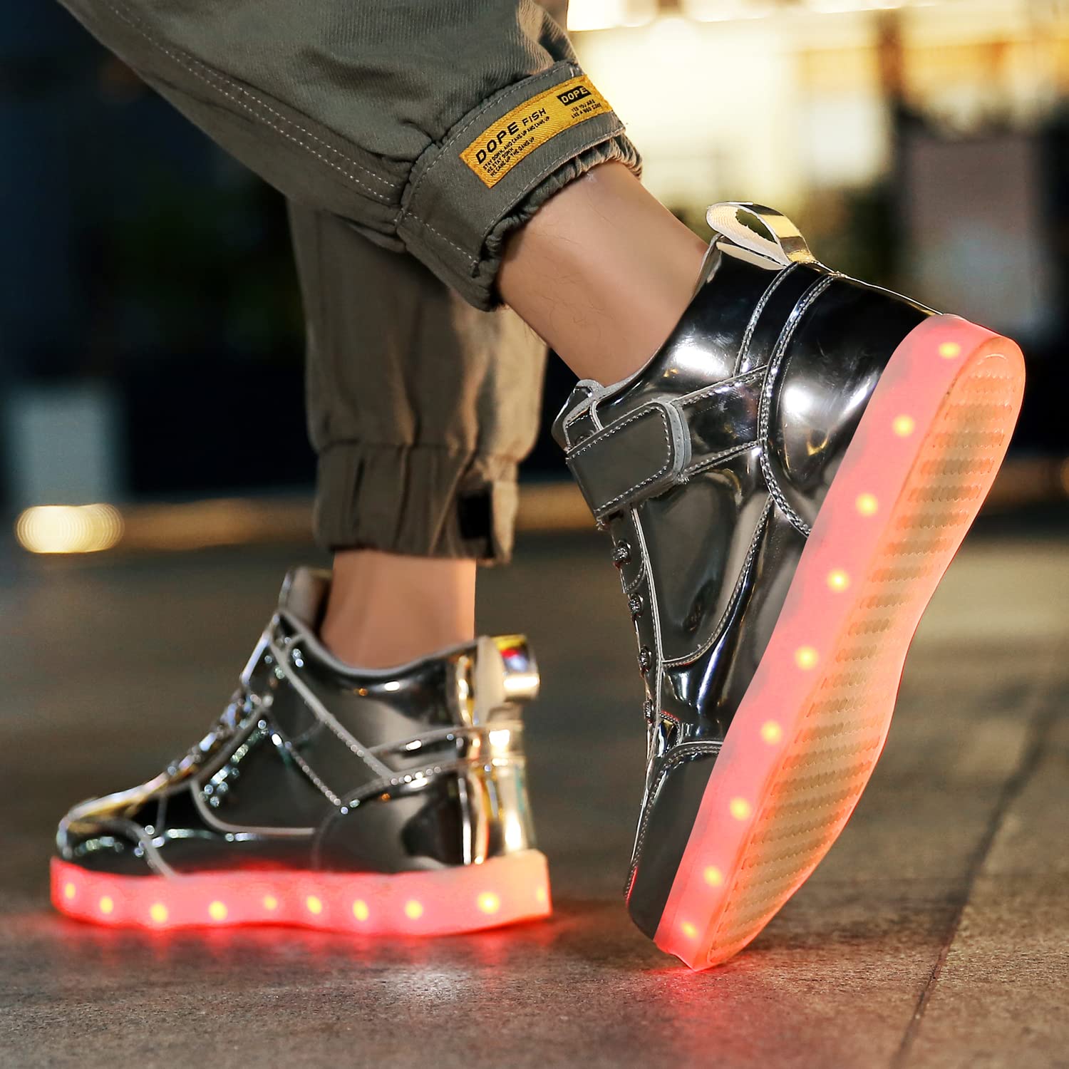 JEVRITE Unisex LED Light Up High Top Sneakers - USB Charging for Women & Men - Couples Shoes: 10.5 Women/8.5 Men Silver