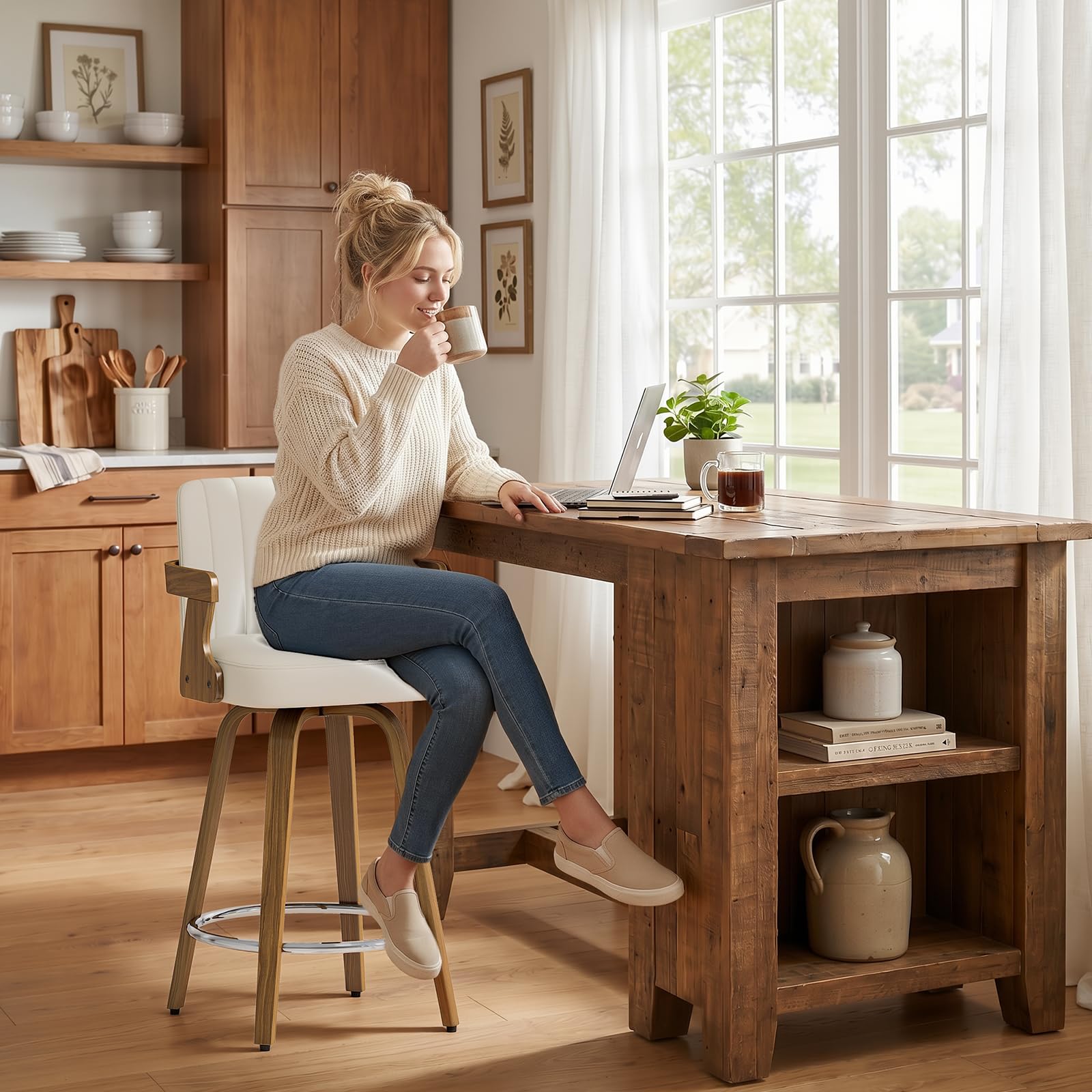 WOOW DEPOT Cream Single Bar Stool, 65CM Swivel Counter Height Barstool with Walnut Wooden Arms, High Back Faux Leather Upholstered Kitchen Island Stool for Kitchen Counter, Support 150KG â image 1