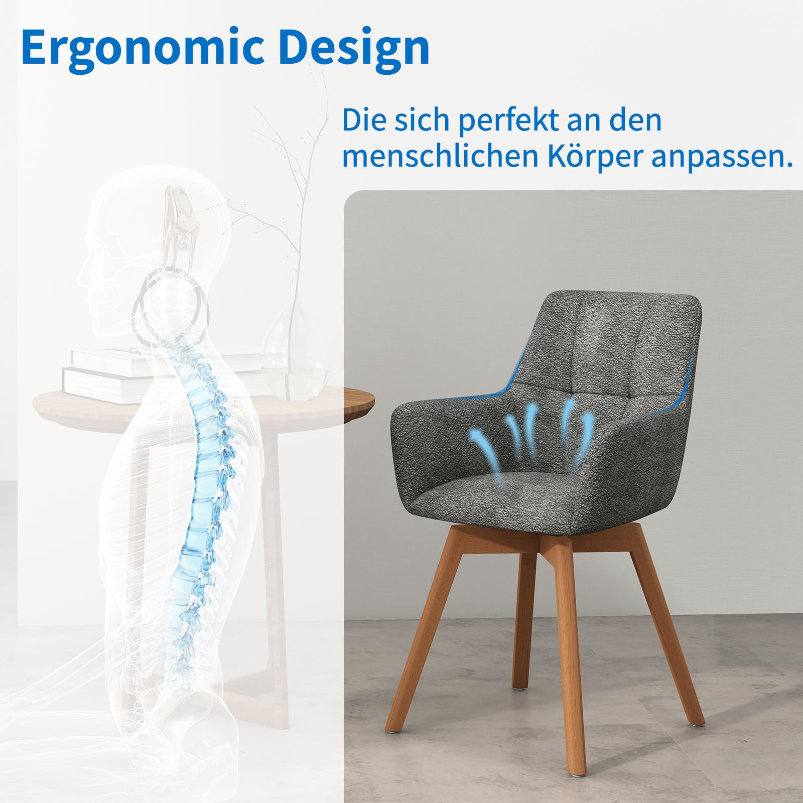 LEWE Esszimmerstühle Drehbar 2er Set mit Armlehne und Holzbeinen,Dunkelgrau | 360°Drehstuhl, Polsterstuhl mit Ergonomische Stoffrückenlehne, Stühle für Esszimmer, Küche, Wohnzimmer, Schlafzimmer