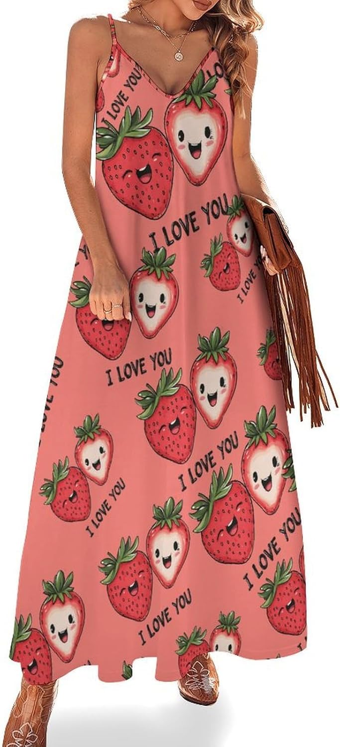 Strawberry I LOVE YOU Maxi Dresses for Women V Neck Long Dress Sundress Spaghetti Straps Beach Dress