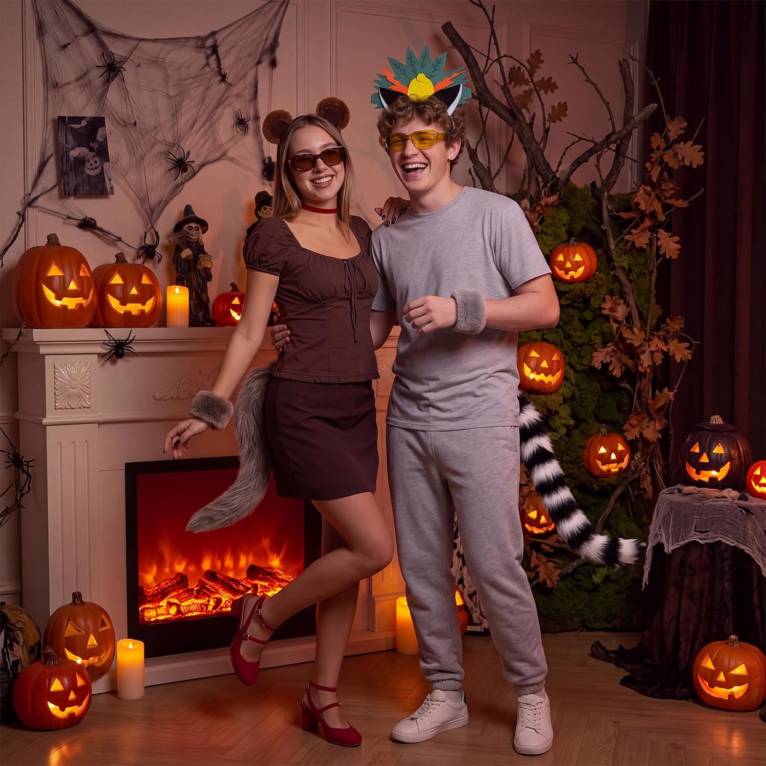 8 Pcs Halloween Ring Tailed Lemur and Mouse Lemur Couple Costume