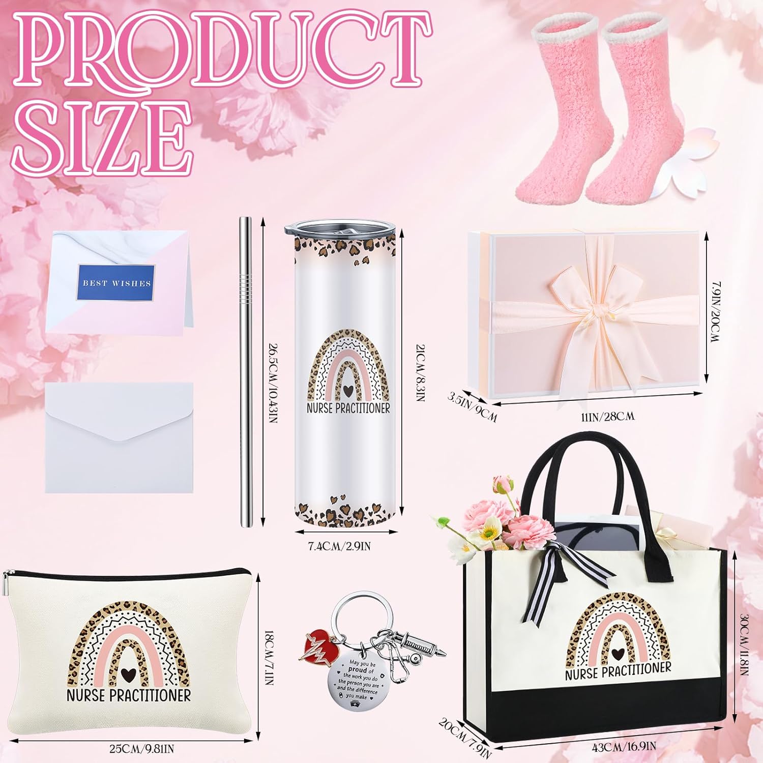 Geiserailie 8 Pcs Nurse Practitioner Appreciation Gifts for Women Including Large Tote Bag Cosmetic Bags Tumbler Cup Plush Socks Metal Keychain Card and Envelope for Nurse Week Thank You Gifts - Image 2